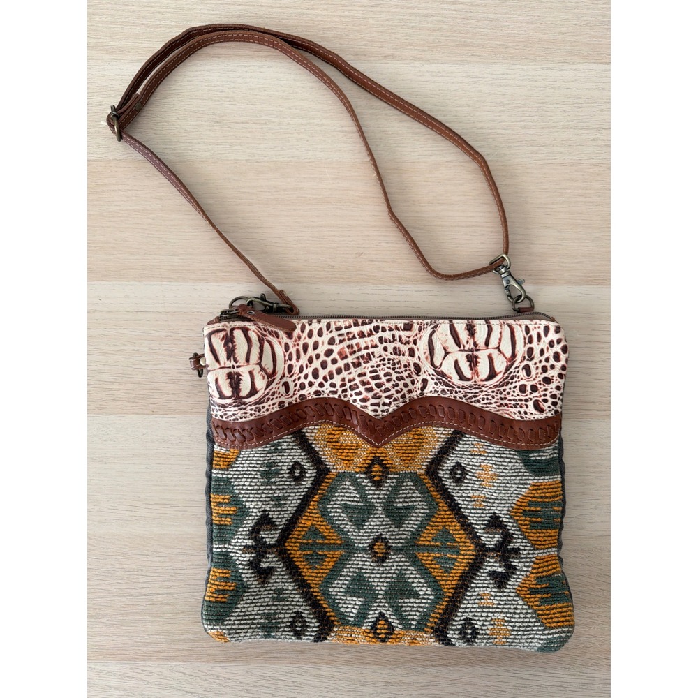 Myra Bag Upcycled Canvas Rug Crossbody Bag Croc Leather Trim Boho Kilim Grey